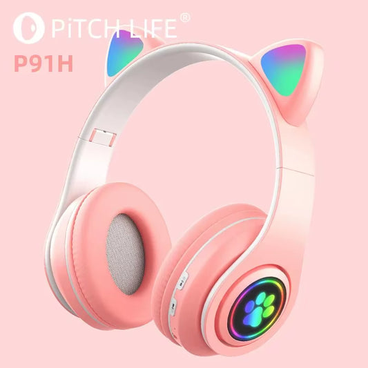 P91H,Cute Cat Ears BT Wireless Headphone Com Mic E Flash Light, Capacete De Música Estéreo LED, Fone De Ouvido Dobrável, Present