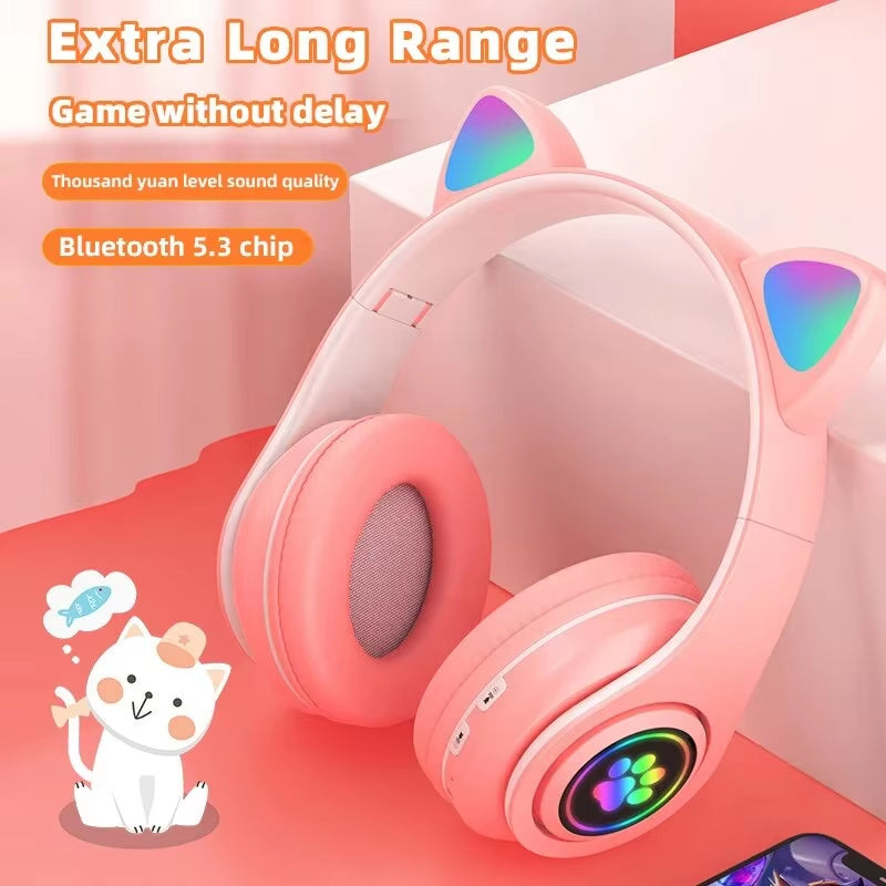 P91H,Cute Cat Ears BT Wireless Headphone Com Mic E Flash Light, Capacete De Música Estéreo LED, Fone De Ouvido Dobrável, Present